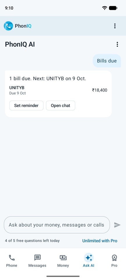 Ask AI lists the bills due soon, found in SMS.