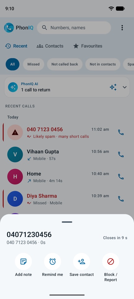 PhonIQ's recent calls, then an incoming call from a number flagged as spam.